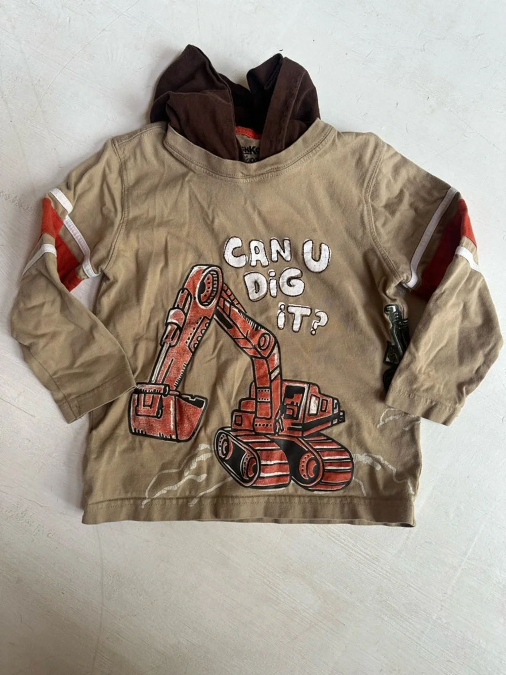 OshKosh B'gosh Tan Hooded Long Sleeve Tee with Orange Excavator Graphic